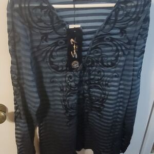 Seven7 Navy Striped V-Neck Top with Black Embroidery